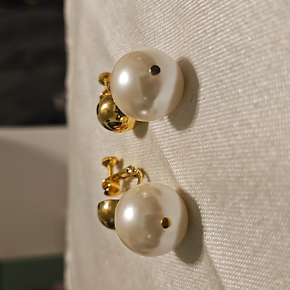 Vintage Napier Gold Tone Faux Pearl Dangle Clip Screw Back Earrings - Picture 2 of 4